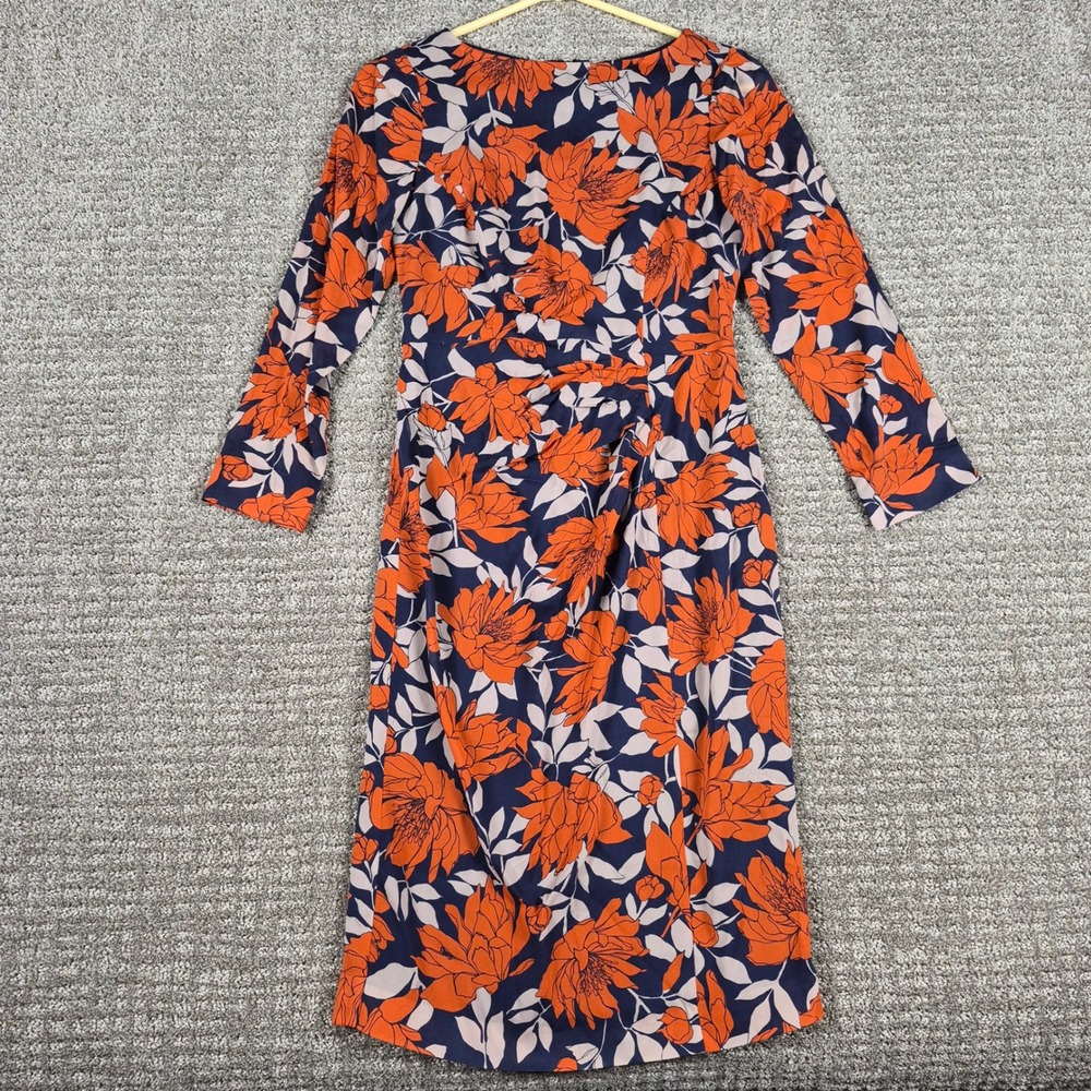 Hobbs London Dress Womens 2 Navy Orange Silk Floral Sheath Midi NWOT